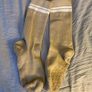 Women's Tan Athletic Crew Socks with White Stripe — Non-Slip Grip